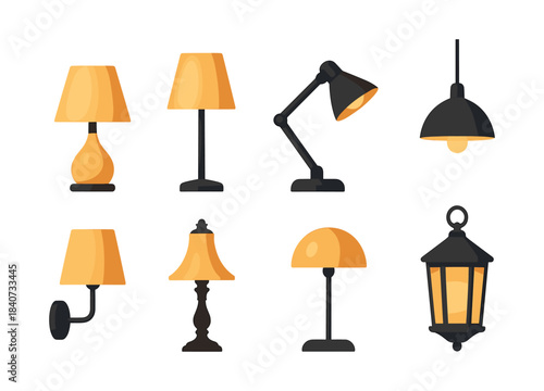 Lamp collection, flat vector illustration, table, desk, pendant, lighting