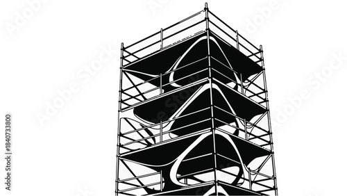 Industrial metal scaffolding structure with multiple levels and railings for construction site or building maintenance in urban area with steel framework