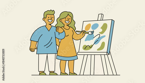 A couple standing side by side while painting a canvas their smiles and playful nudges showing creativity and collaboration in their relationship.