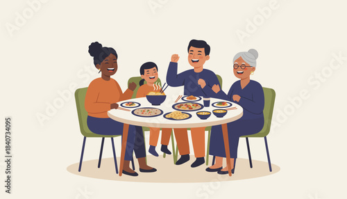 A family of mixed ethnic backgrounds sitting around a dinner table laughing together while enjoying a meal significant to each culture present.
