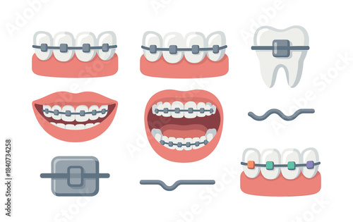 Braces and teeth care set, flat vector illustration, orthodontics, dental health