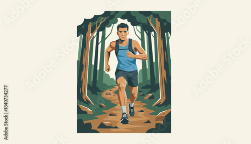 A trail runner dashing along a forest path muscles toned and expression focused as they conquer the rugged terrain.