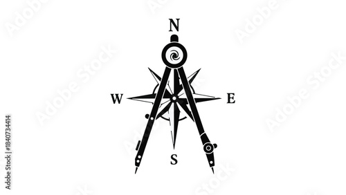 Black and white vintage navigation compass with north south east west directions on white background