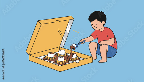 A child crafting a solar oven using a pizza box with melting smores as a tasty result of their solar energy experiment.