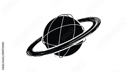 Saturn like planet with ring system in space astronomy illustration, celestial body with orbiting rings, black and white cosmic graphic