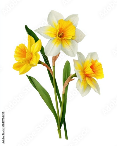 Wallpaper Mural Elegant watercolor botanical illustration of three vibrant yellow daffodils with green leaves, perfect for spring floral designs and backgrounds. Torontodigital.ca
