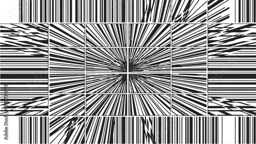 Geometric barcode pattern background with black and white stripes radiating from center, abstract optical illusion