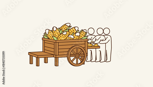 A rustic wooden cart filled with fresh grilled corn on the cob slathered in butter and sprinkled with es as patrons line up for a taste.