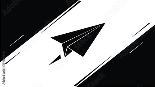 Black paper airplane flying fast on white background with motion lines speed success concept