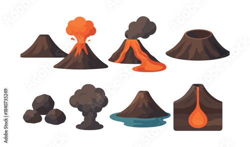 Volcanoes and lava, eruption, magma flow, flat vector illustration
