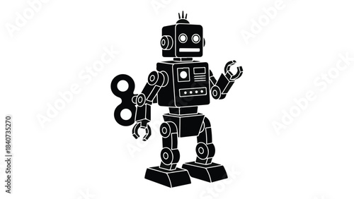 Robot holding wrench standing alone in white background, industrial metal mechanical bot with gear and cog, futuristic technology concept