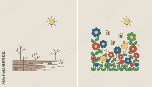 A split image contrasting a barren landscape with few plants and a flourishing garden alive with bees and flowers.