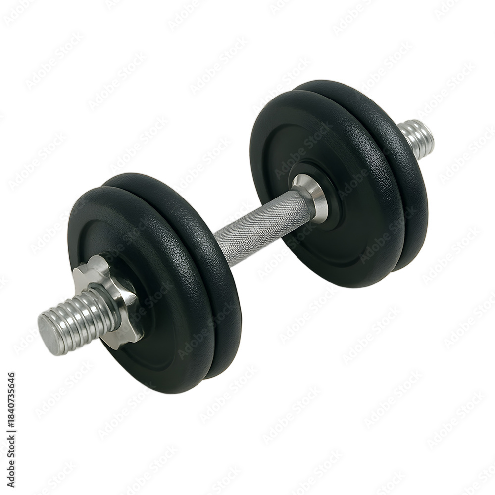 Naklejka premium Adjustable dumbbell with matte black plates and a silver knurled handle