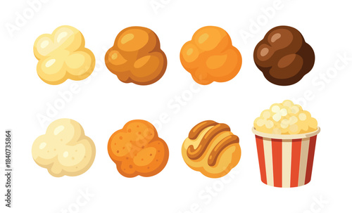 Popcorn varieties flat vector illustration, caramel, cheese, and classic flavors