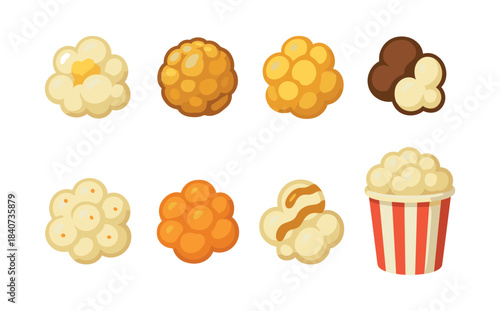 Popcorn varieties flat vector illustration, caramel, cheese, and classic flavors