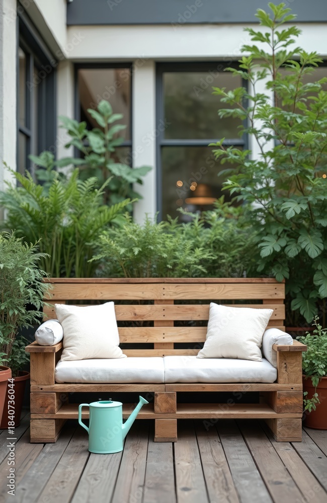 Naklejka premium Wooden pallet couch with white cushions sits on deck surrounded by green plants. Light blue watering rests near sofa. Outdoor seating area blends rustic design with modern comfort, perfect for