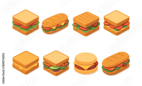 Sandwich variety vector illustration, burgers, panini, flat vector style