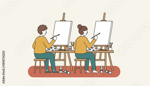 A DIY art night featuring a blank canvas paints and brushes with a couple creating their own artworks side by side.