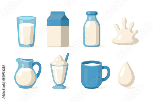 Milk and dairy products, flat vector illustration, carton, glass, splash, mug