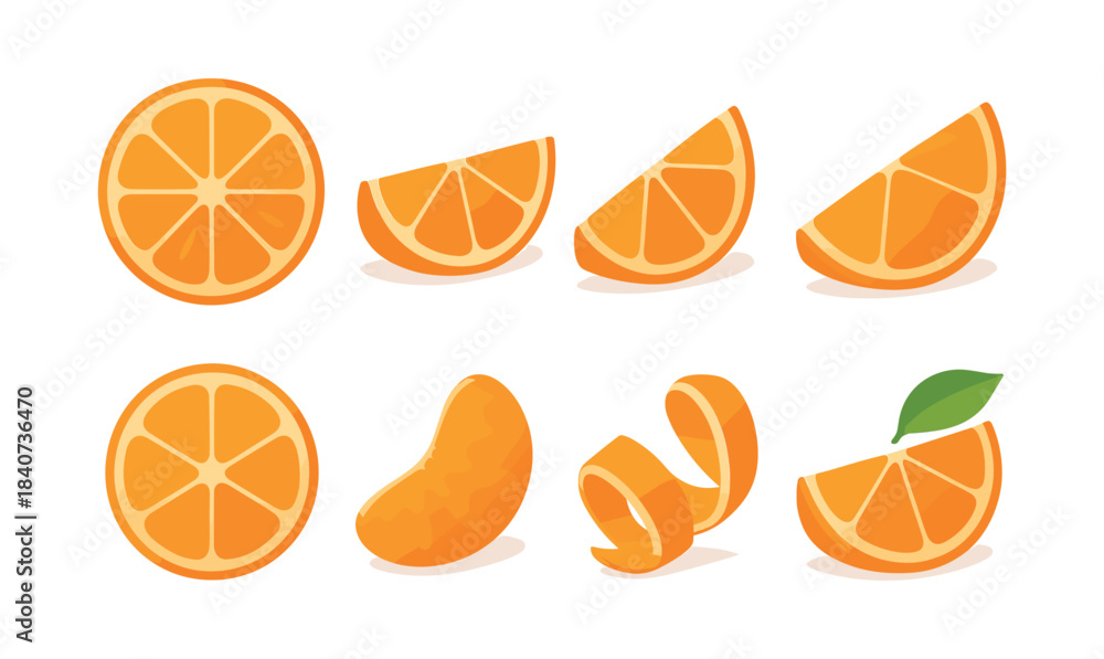 Naklejka premium Orange slices variety, flat vector illustration with citrus, fruit segments