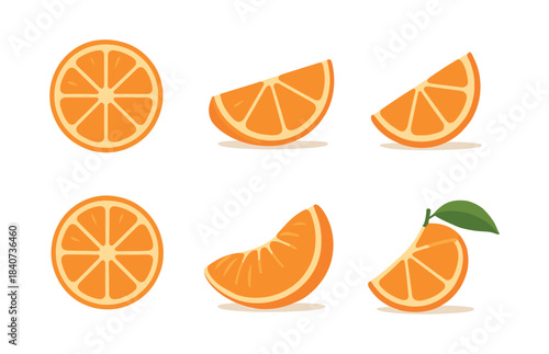 Orange slices collection, citrus, juicy segments, flat vector illustration
