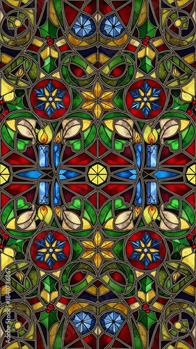 Vibrant stained glass window illustration with symmetrical Christmas motifs including candles, holly leaves, stars, and blue floral patterns.