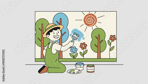 A child joyfully painting a mural on a wall with natural nontoxic paints reflecting a growing awareness and education around ecofriendly materials.