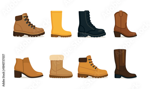 Boots collection, winter footwear, hiking and rain boots, flat vector illustration