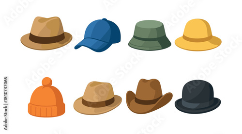 Collection of stylish hats, flat vector illustration, diverse headwear designs