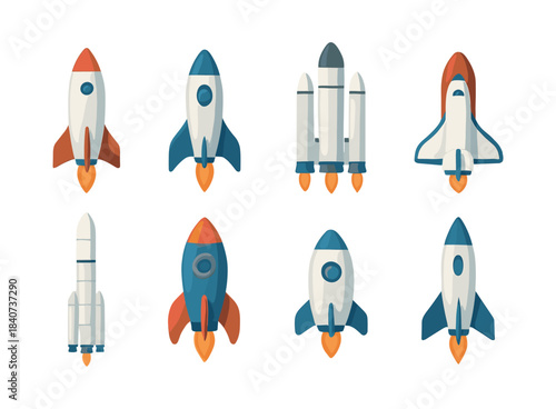 Rocket and spaceship collection, space, travel, flat vector illustration