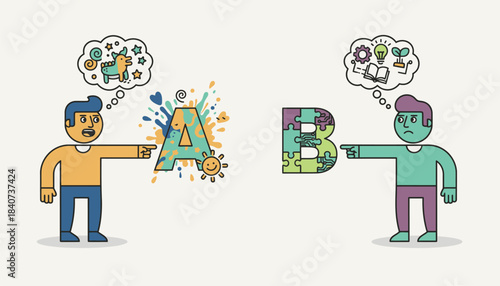 Two cartoon characters engaged in a debate each representing a different approach emphasizing the creative aspect of choosing between options A and B.