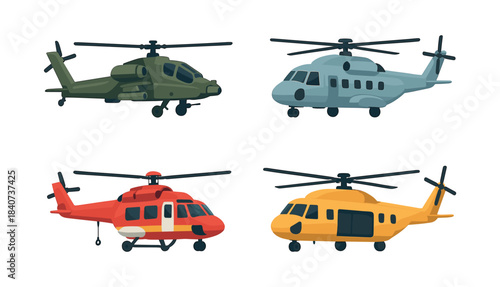 Helicopter collection, aviation vehicles, flat vector illustration, helicopter types