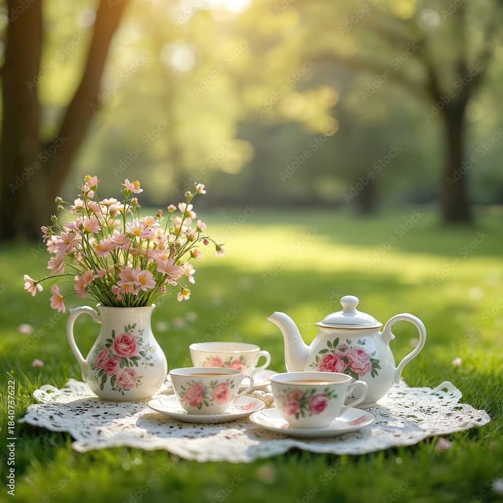 Fototapeta premium Tea set with floral pattern sits on grass in a park. Delicate pink flowers in vase on table. Enjoying pleasant sunny spring afternoon with warm light.