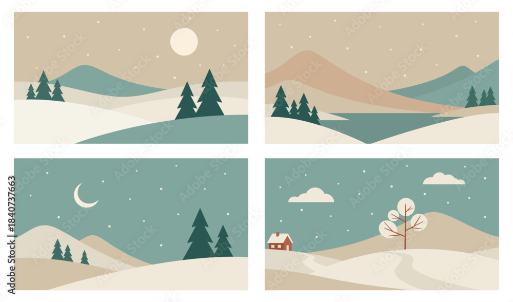 Obraz premium Set of minimalistic winter mountains landscapes. Vector design in Scandinavian style