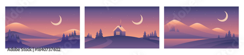 Minimalistic night landscape illustrations. Vector gradient images in purple colors