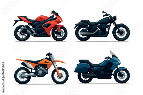 Motorcycle collection, flat vector illustration, motorbikes, road bikes