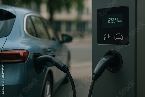 A blue electric car charges at a curbside station, a screen reading glows beside two car icons. Concept of clean energy, smart mobility, zero emission travel. For article about electric transport