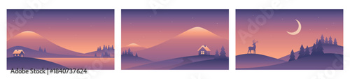 Minimalistic mountains landscape illustrations. Vector gradient images in purple colors