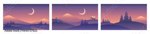 Minimalistic winter mountains landscape illustrations. Vector gradient images in purple colors