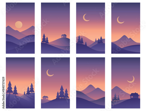 Minimalistic night winter landscape set in purple colors. Vector gradient illustrations in Nordic style