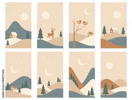 Set of minimalistic winter landscapes in warm colors. Vector illustrations for Christmas cards