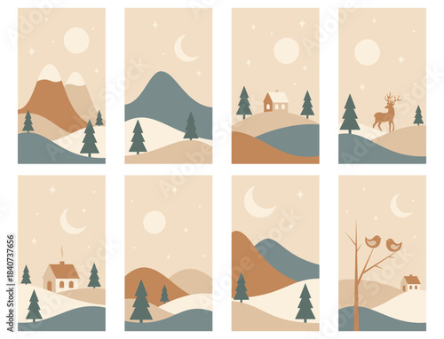 Minimalistic winter mountains landscape set. Vector illustrations in warm colors
