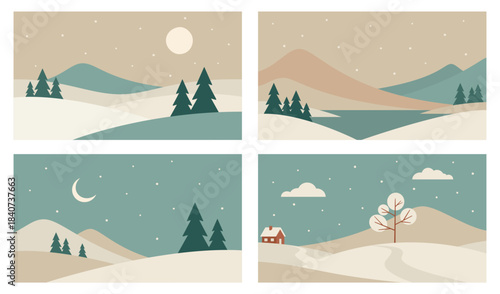 Set of minimalistic winter mountains landscapes. Vector design in Scandinavian style