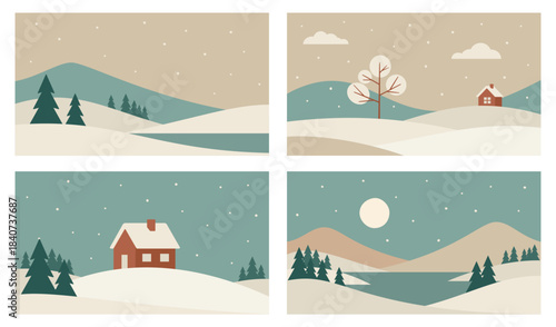Set of minimalistic snowy winter landscapes. Vector design in Scandinavian style
