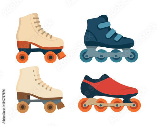 Roller skates and rollerblades flat vector illustration for sports and recreation