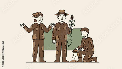 Local farmers sharing stories at a climate protest their clothes stained with soil highlighting the impact of climate change on agriculture and livelihoods.