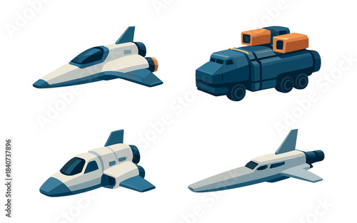Futuristic spaceship collection, rockets and shuttles, flat vector illustration