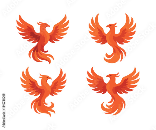 Phoenix bird collection, fiery wings, mystical creature, flat vector illustration