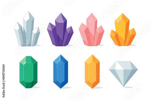 Colorful crystal set, geometric shapes, minerals, flat vector illustration