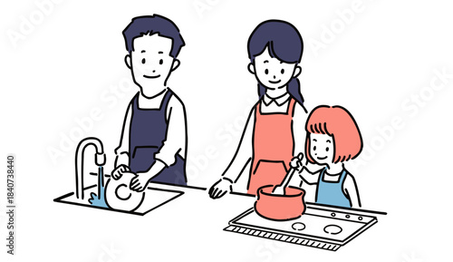 料理をする家族イラスト